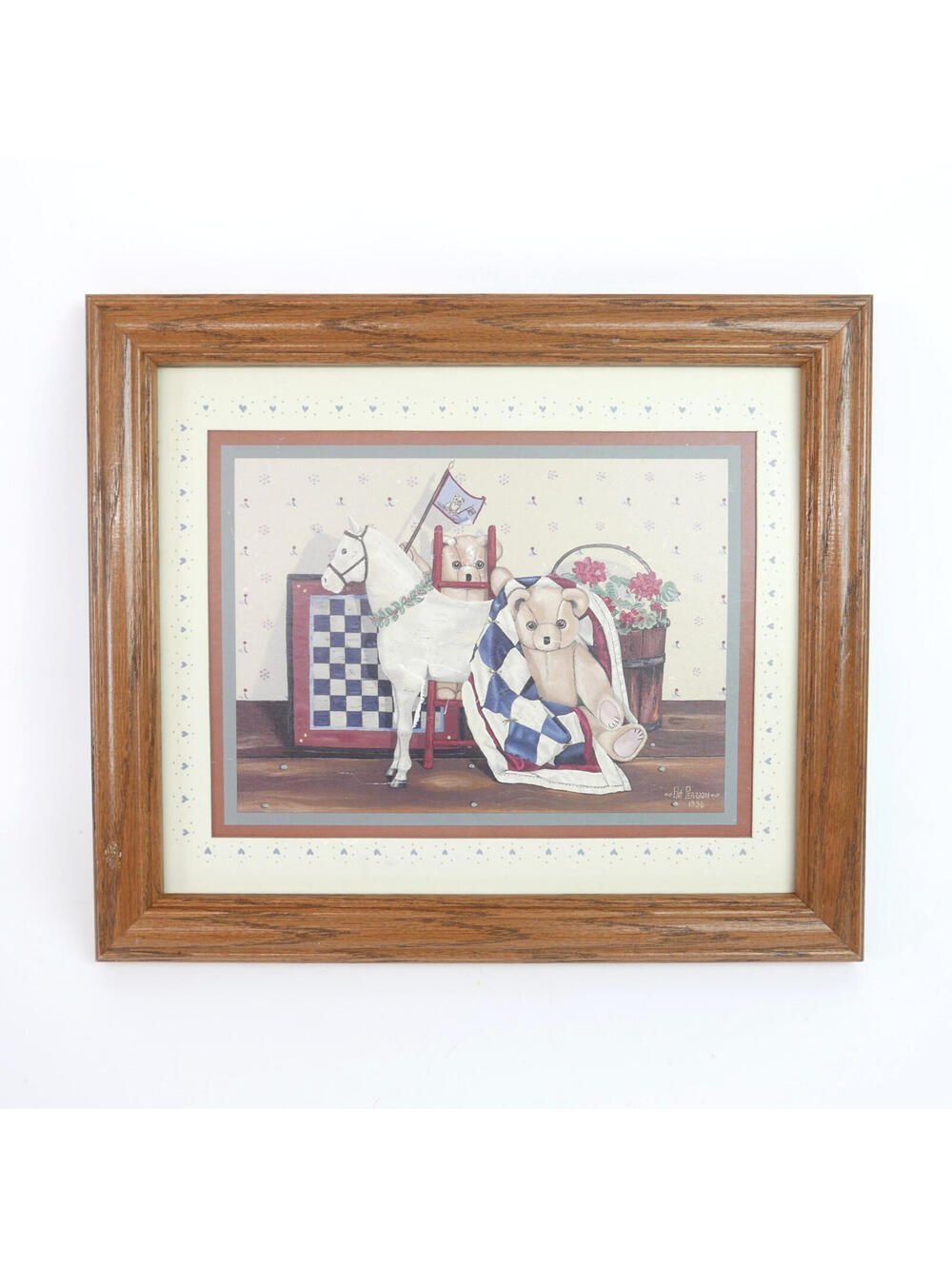 Vintage Pat Pearson Horse and Teddy Bears Country Folk Art Print Oak Frame 1990
